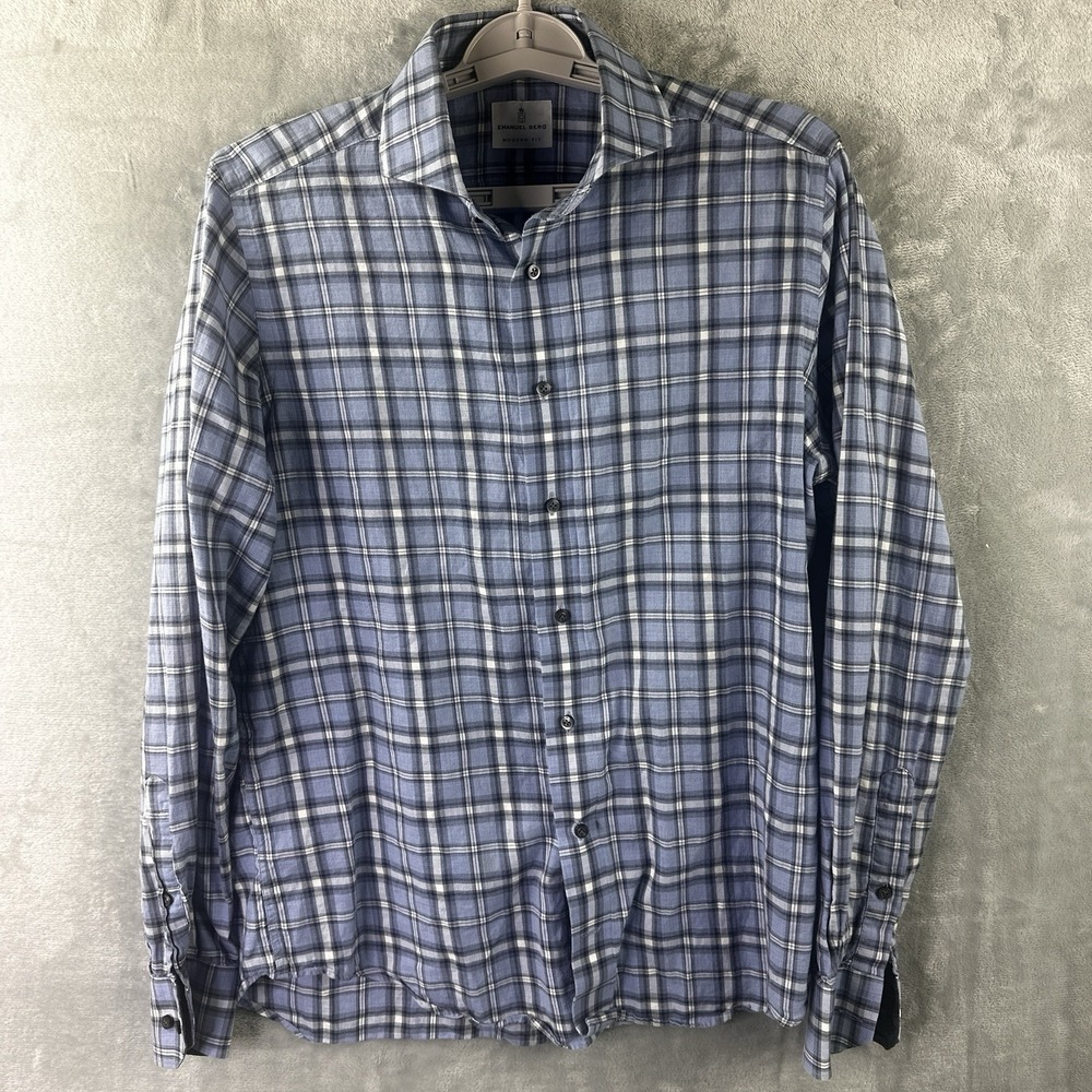 Emanuel Berg Modern Fit Button-Up Shirt Blue Plaid Long Sleeve Size M